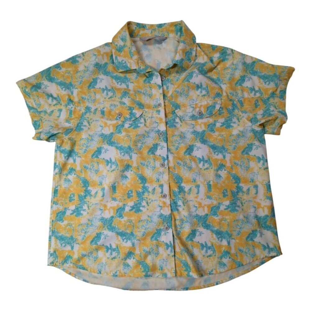 Stio Top Outdoor Biking Camp Hiking Button Down Short Sleeve Yellow Blue Women S